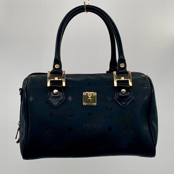 MCM Handbags - EUC MCM Black Visetos Nylon & Leather Boston Style Satchel Bag